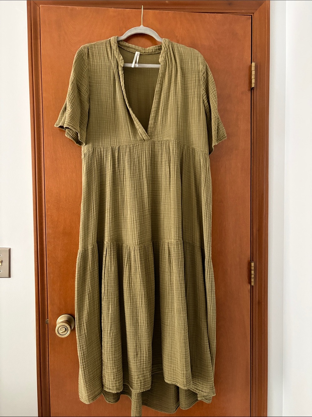 Anthropologie Olive Gauze V-Neck Tiered Midi Dress - Picture 1 of 3